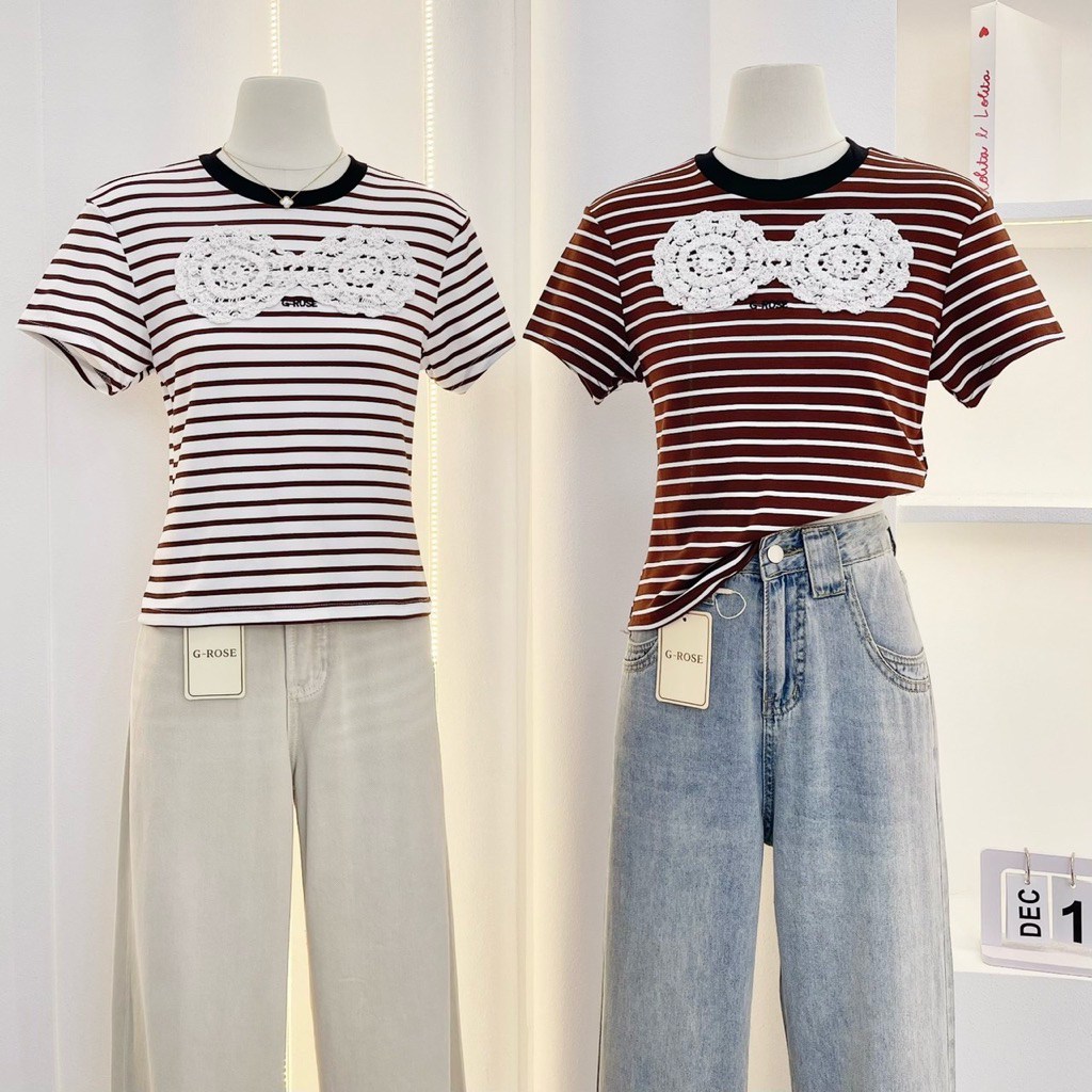 G-rose เสื้อยืดลายริ้ว แต่งอะไหล่เงิน