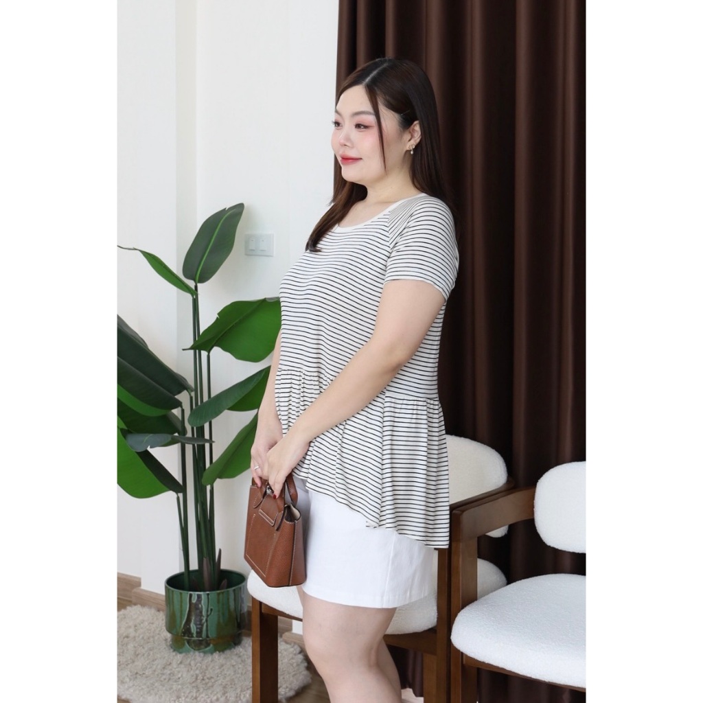 S200-0104 เสื้อยืดต่อระบายเอว ลายทาง อก40-50