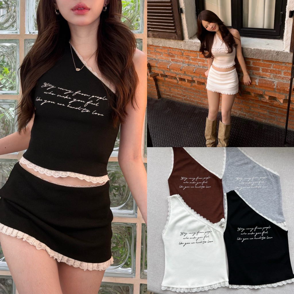 เสื้อกล้ามไหล่เบี่ยงเนื้อผ้าร่อง