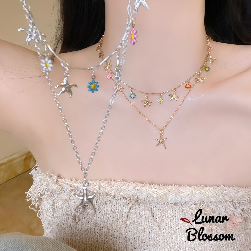 Lunar Blossom🎐สร้อยคอแฟชั่น  สร้อยคอรูปปลาดาวและดอกเดซี่  ดีไซน์แบบสวมซ้อนกันได้  สไตล์วันหยุดพักผ่อนริมทะเล  จัดส่งรวดเ
