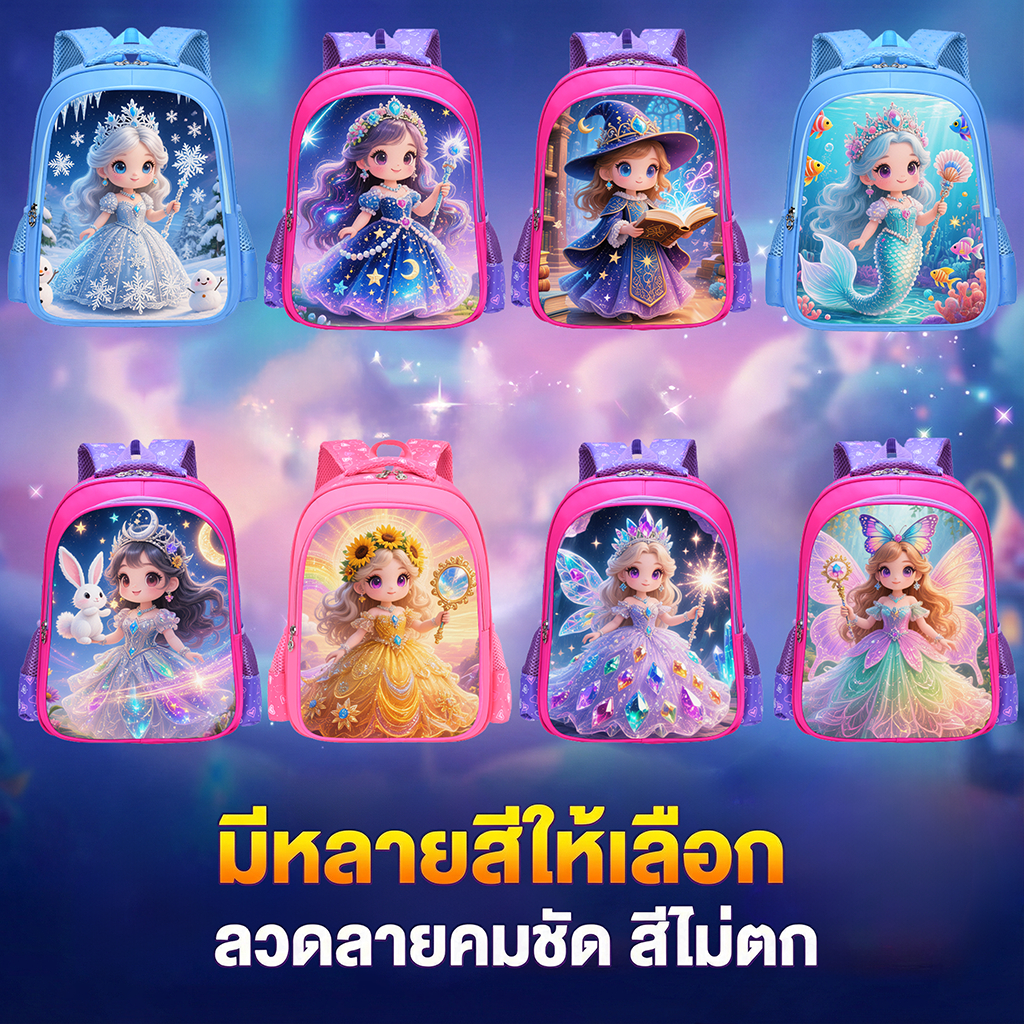 กระเป๋านักเรียนเจ้าหญิงแสนหวาน โดนใจเด็กๆ💖 วัสดุกระเป๋ามีคุณสมบัติกันน้ำ พร้อมช่องเก็บของที่กว้าง ใส่แฟ้มงานขนาด A4 ได้