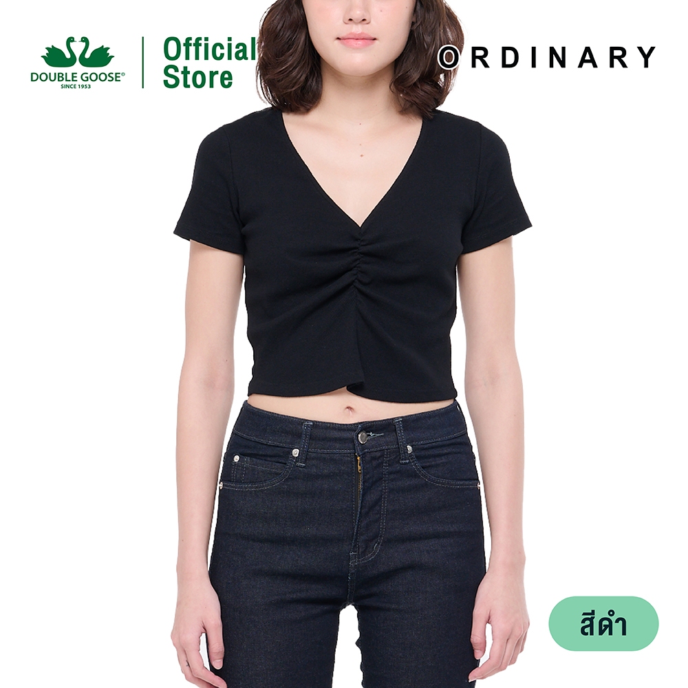DBGS เสื้อครอปผู้หญิง คอวี รูดกลางอก ผ้าร่อง นุ่มสบาย