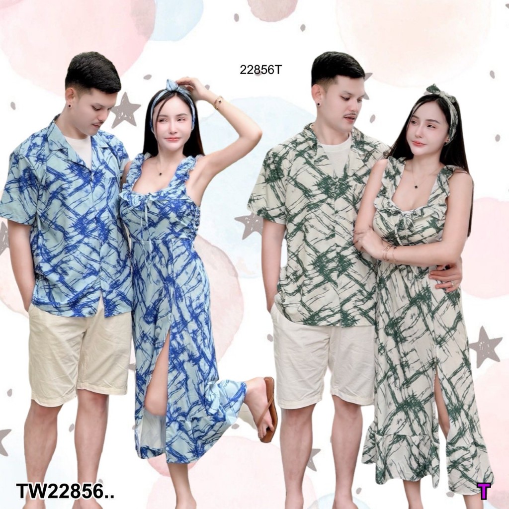 ชุดคู่กับแฟน เสื้อเชิ้ตแขนสั้น + แม็กซี่เดรสแถมโบว์ผูกผม .. TW22856  TwinsShopVip💗พร้อมส่ง