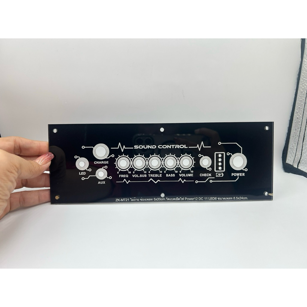 เพลทลำโพงบลูทูธ Zk-MT21ไม่ย้าย งานไฟหนา 3 มิลช่อง5*20cm วัคแบตเม็ดไฟ สวิชต์เปิดปิด12มิล Led6mm Dc11mm/Aux