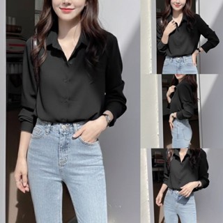KT01 เสื้อเชิ้ตผู้หญิง สีดำ เสื้อเชิ้ตคอปกแขนยาวใส่เที่ยว ใส…