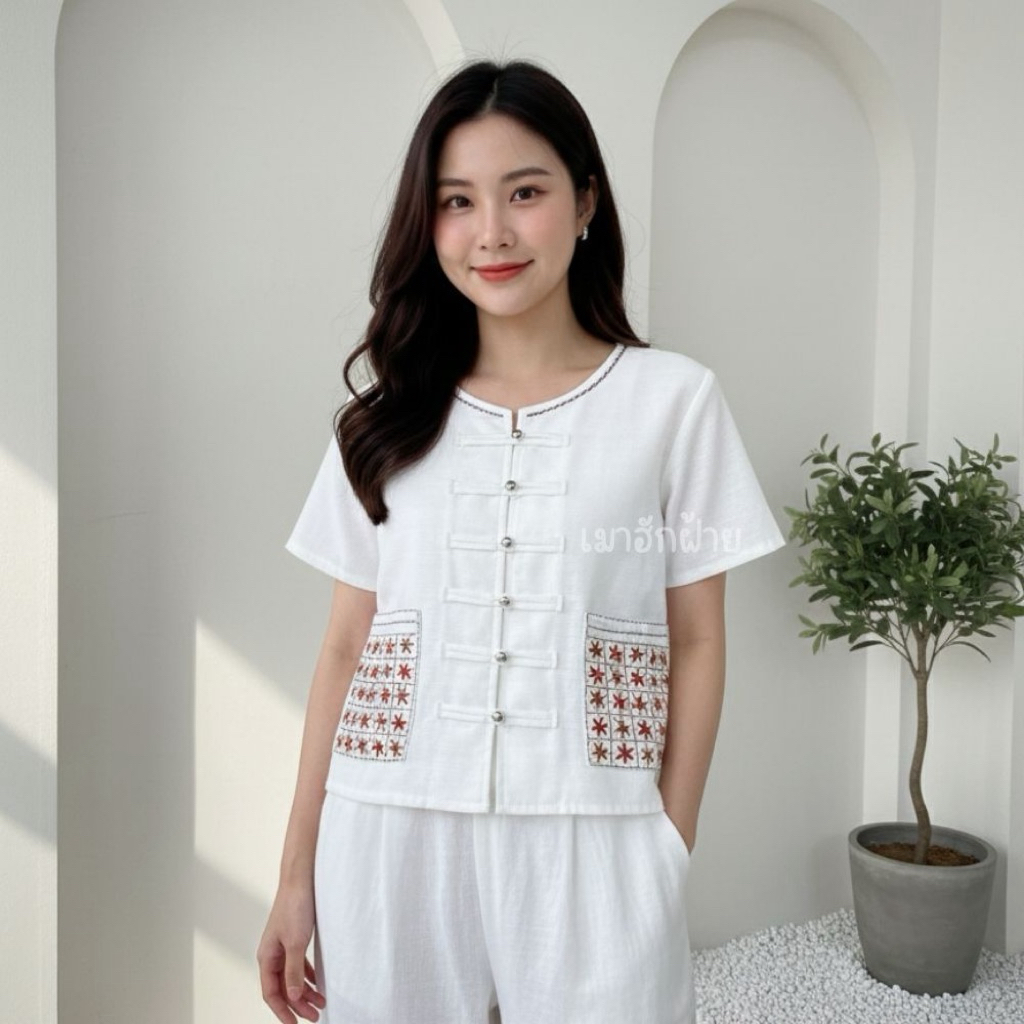 เสื้อผ้าฝ้าย คอกลม แขนสั้น ปักกระเป๋า งานปักมือ ใส่สบายทุกวัน ราคา ถูกที่สุด ดีลบีเคเค แกลเลอรีภาพที่ 3