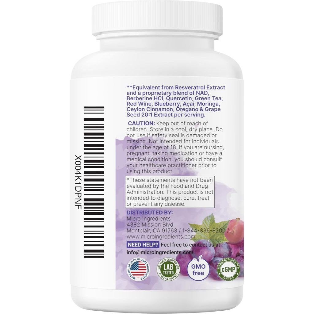 Micro Ingredients Resveratrol NAD Complex 11 in 1 with Quercetin Berberine Grape Seed 3000mg 240 Veggie Caps (No.4041) ราคา ถูกที่สุด ดีลบีเคเค แกลเลอรีภาพที่ 3