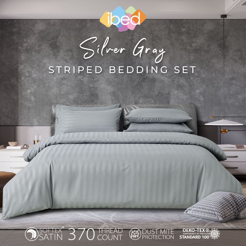 ibed ชุดผ้าปูที่นอนทอลายครบเซ็ท Softex Satin (ทอลายริ้ว) Silver Gray - STRIPED COLLECTION