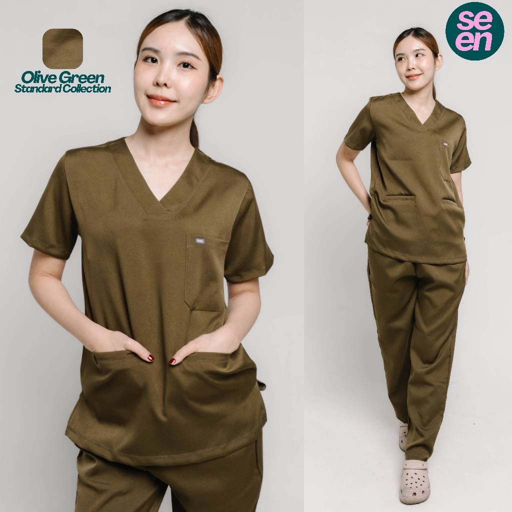 ชุดสครับ เสื้อสครับ Unisex สี Olive รุ่น Comfort
