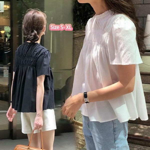 Chili#เสื้อเชิ้ตทรงหลวมคอตั้งจีบลูกไม้สไตล์เกาหลีสำหรับหน้าร้อน#W628