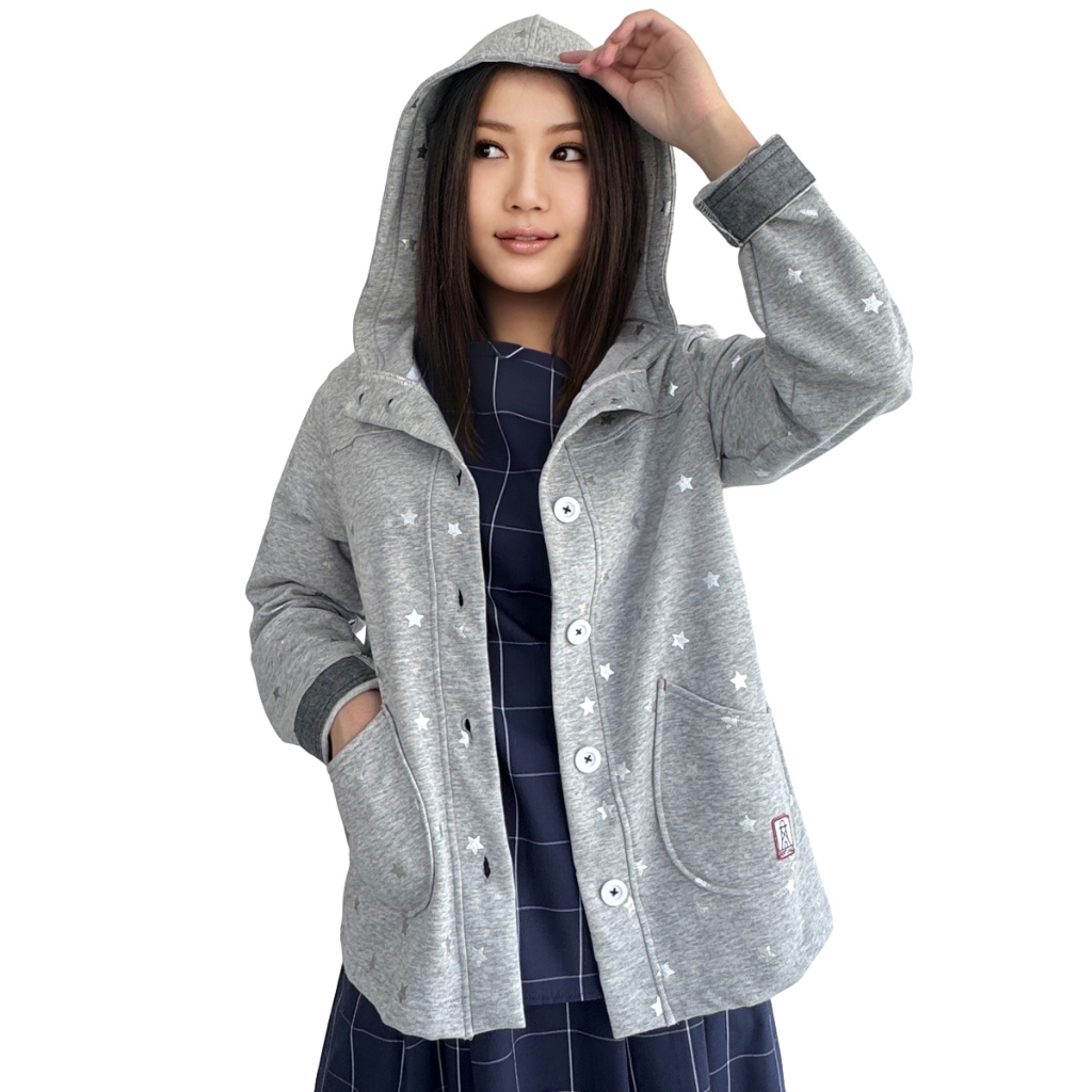 PORTLAND เสื้อแขนยาว พิมพ์ลายดาว แต่งปลายแขน สีเทา / Star Printed Button-Up Hoodie Jacket (Grey)
