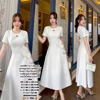 S-XXL✨ชุดเดรสสีขาว ครีม ดำ ฟ้า แดง ชมพู กระโปรงทรงบาน ใส่ออกงาน,ใส่ทำบุญ #สไตล์เบลล่า