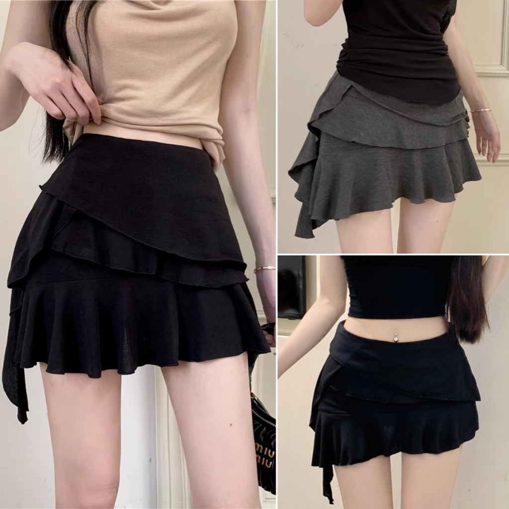cherryshop พร้อมส่ง กระโปรงทรงเอเอวสูงสไตล์เกาหลี การออกแบบผ้ากระโปรงเค้กแบบไม่สมมาตร เข้ารูปใส่แล้วดูผอม