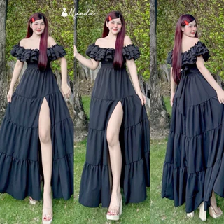 Maxi Dress เปิดไหล่ระบายแขน ผ้าไหมอิตาลี่ กระโปรงผ่าหน้า