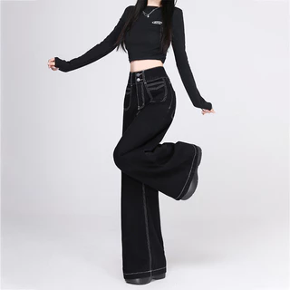 S-5XL กางเกงยีนส์ผู้หญิงเอวสูงสีดำทรงตรง ใส่สบายแบบลำลอง มีทุกไซส์