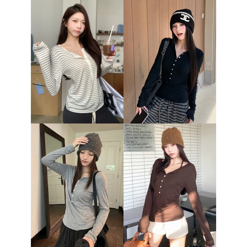 เสื้อยืดแขนยาว เสื้อยืดผู้หญิง ลายทาง ใส่สบาย ทรงเบสิคแมตช์ง่ายชิลๆ #1502420