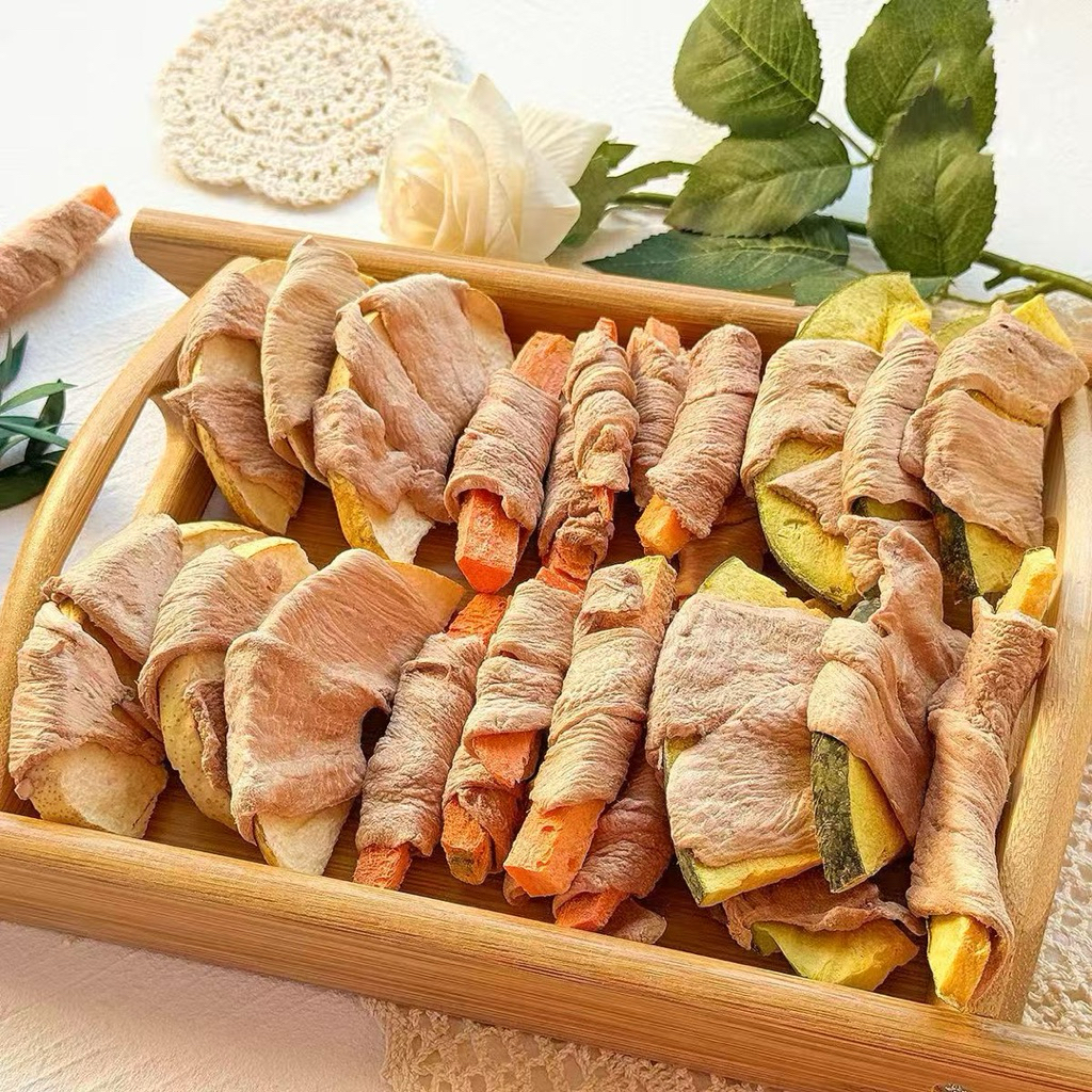 ขนมฟรีซดราย ขนมหมา อกเป็ดห่อผลไม้และผัก ไม่เค็ม อาหารหมา คึ่นช่าย ฟักทอง แครอท มะระ
