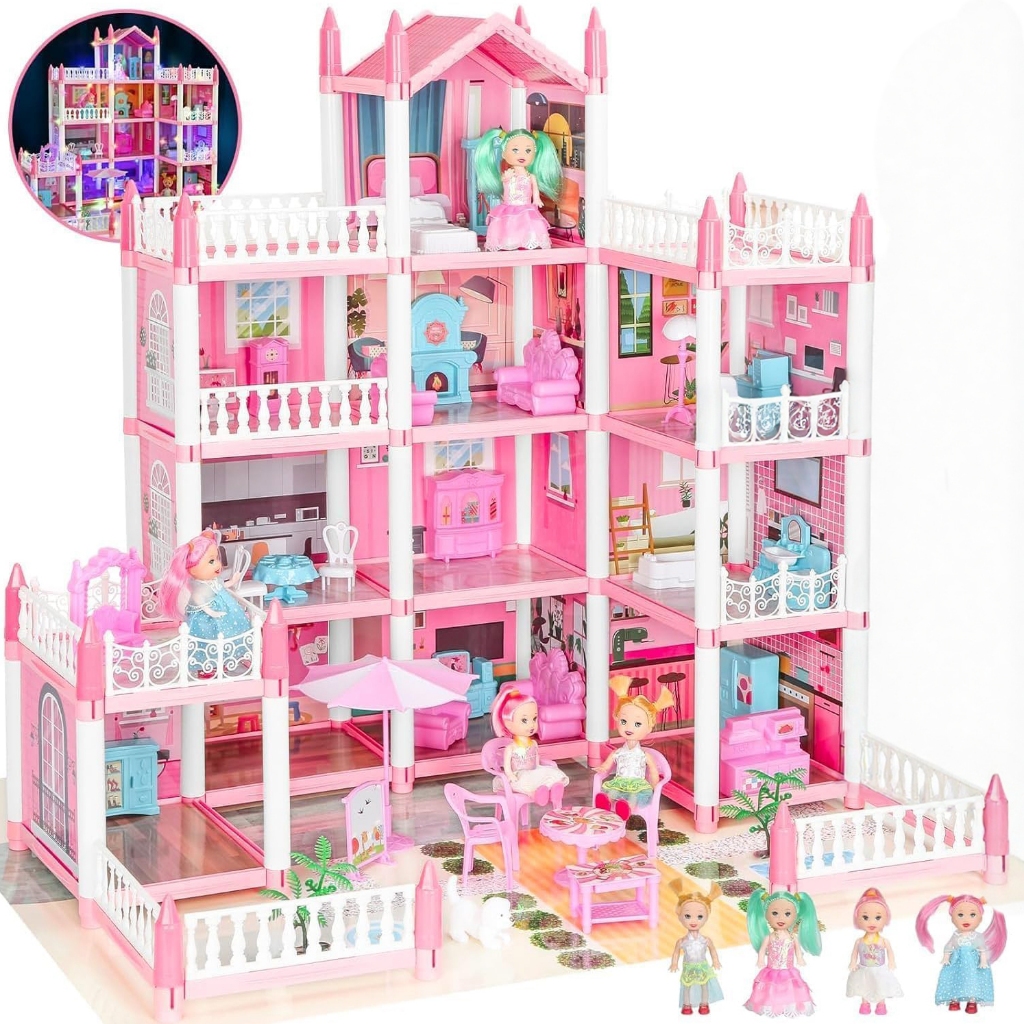 บ้านตุ๊กตา 3 ชั้น สูง 48 ซม.  พร้อมไฟสวย + แถมตุ๊กตา! ของขวัญสำหรับเด็กผู้หญิง ปราสาทวิลล่าบ้านเด็ก ของเล่นปริ