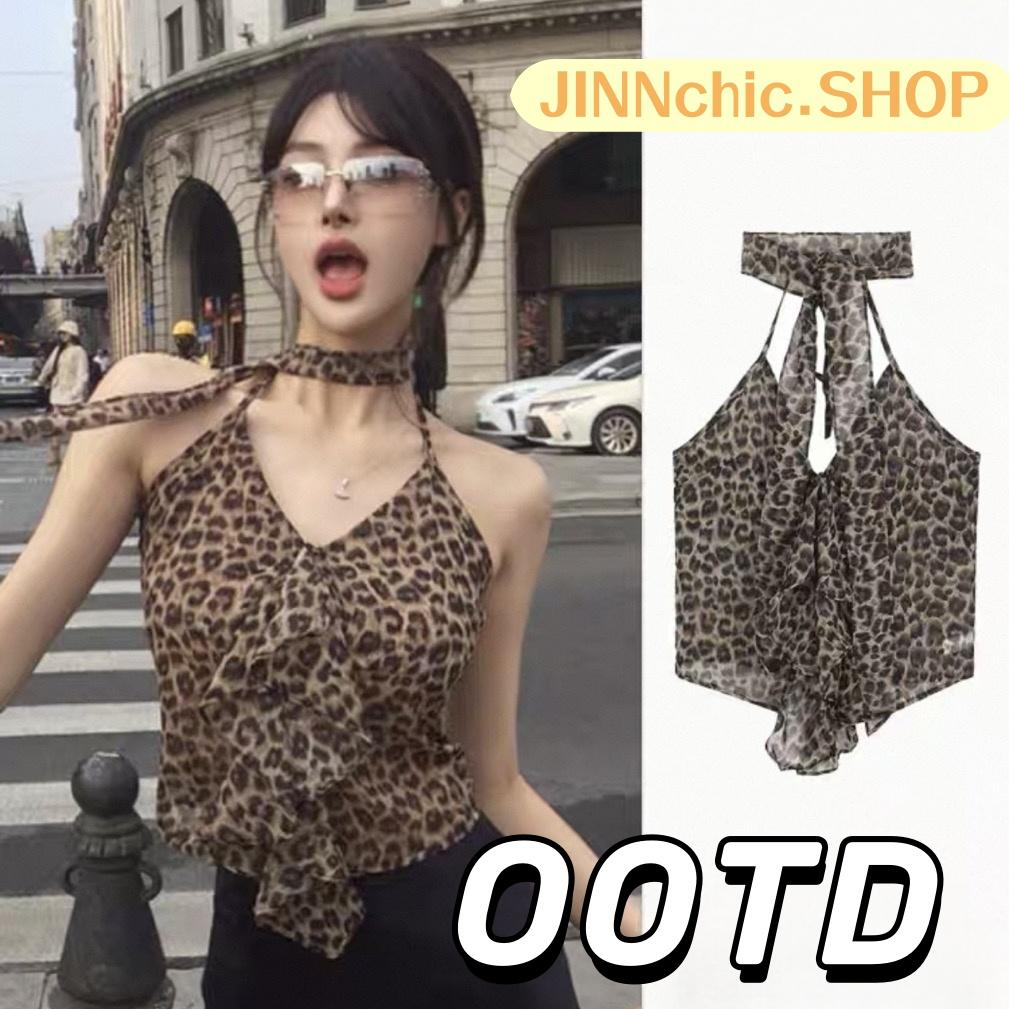JINNCHIC✨เสื้อกล้าม แขนกุด เข้ารูป พิมพ์เสือดาว+ผ้าพันคอ สไตล์สาวร้อนเซ็กซี่  เหมาะสำหรับฤดูร้อน