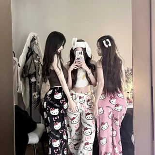 กางเกงชุดนอนลาย hello Kitty กำมะหยี่ ผ้านุ่ม ใส่สบาย เอวสม็อคสาวๆใส่สวยยย P105