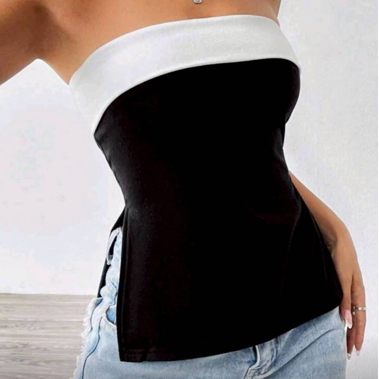 Crop TC25127 เสื้อเกาะอก สีดำ แต่งแถบอกขาว ผ่าข้าง