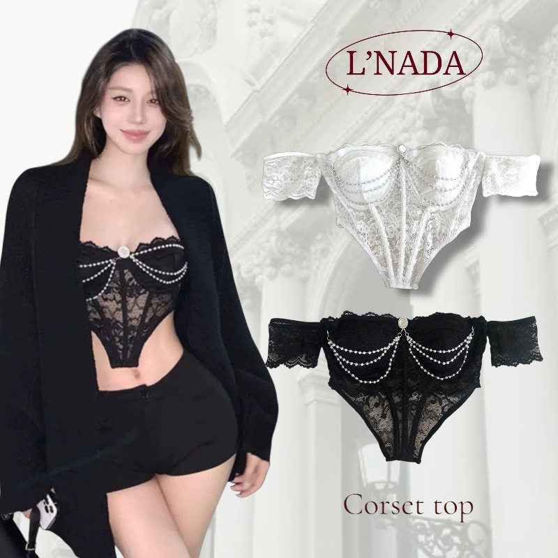 L'NADA【พร้อมส่ง】เสื้อเกาะอกเปิดไหล่ ตกแต่งลูกปัด  คล้องแขน  มี 2สี (1925)
