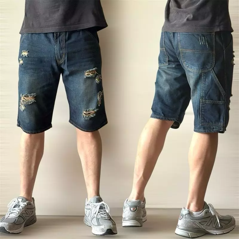 WINSMAN กางเกงขาสั้นผ้ายีนส์ กระเป๋าช่างฟอกเจียรขาด ทรงกระบอก cotton100%