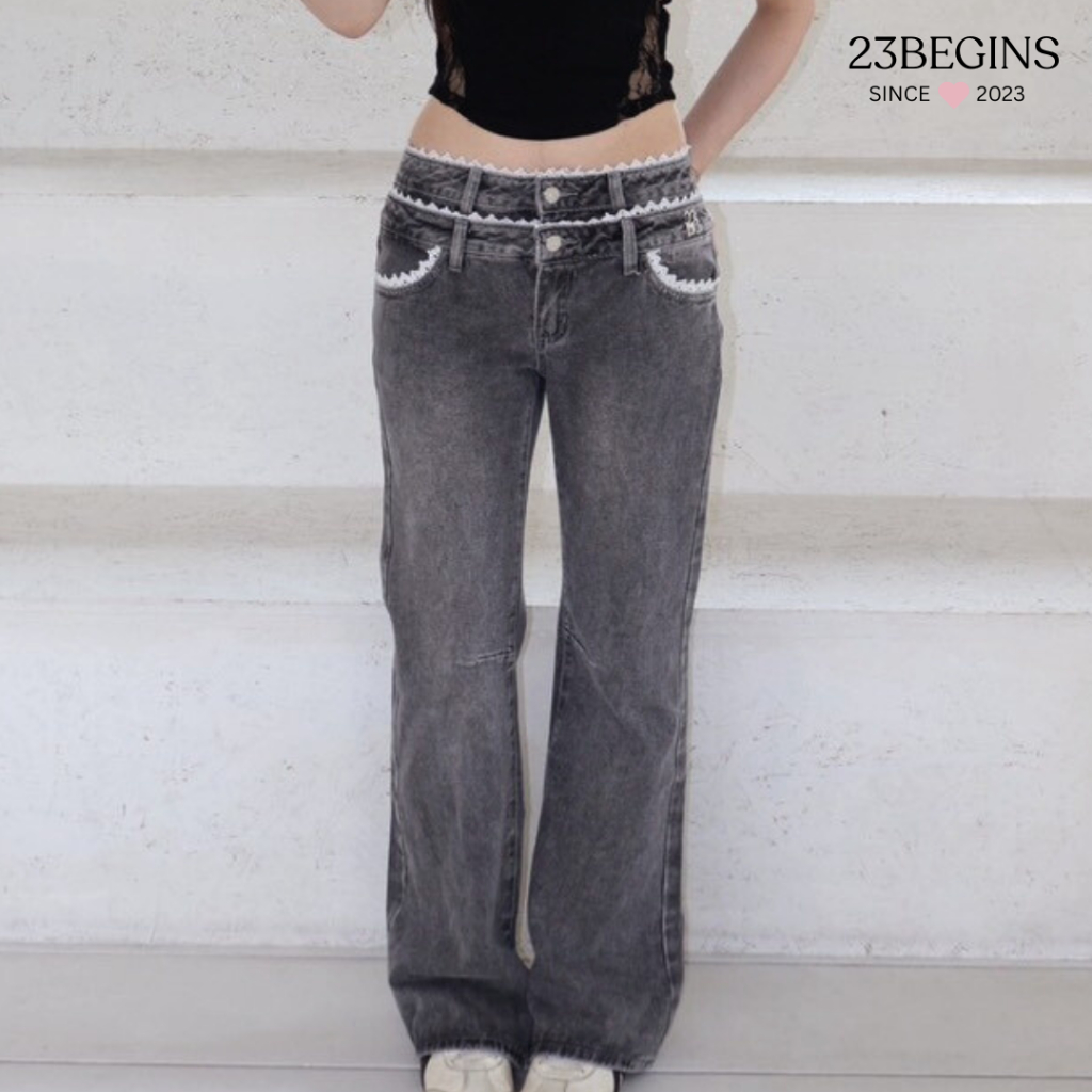 Regina Jeans กางเกงยีนส์เอวต่ำ กางเกงยีนส์ลูกไม้ (003)