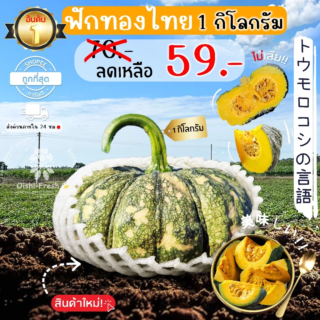 🛒Oishi-Fresh🎃ฟักทองไทย ปลอดสารพิษ 1 กก. รสชาติกรอบ สด ใหม่ ใยอาหารสูง หวานออร์แกนิค เคลมได้ 1-2 วัน