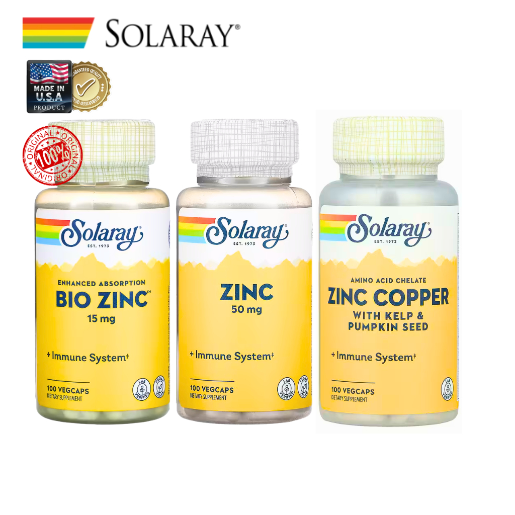 SOLARAY ZINC | Bio Zinc 15 mg / Zinc 50 mg / Zinc + Copper | 100 VegCaps | แท้ USA