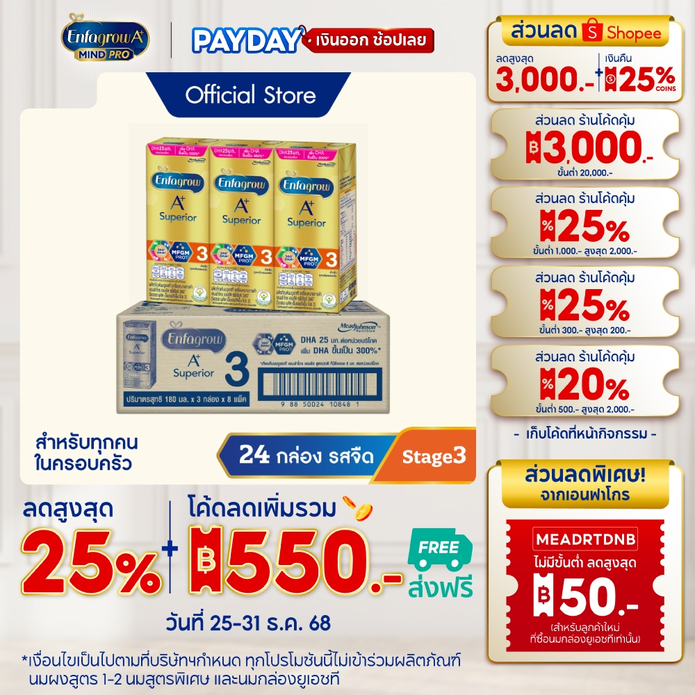 Enfagrow UHT Superior ສູດ 3 ນົມກ່ອງ 180ml (24 ກ່ອງ) ENFAGROW+ SUPERIOR 3