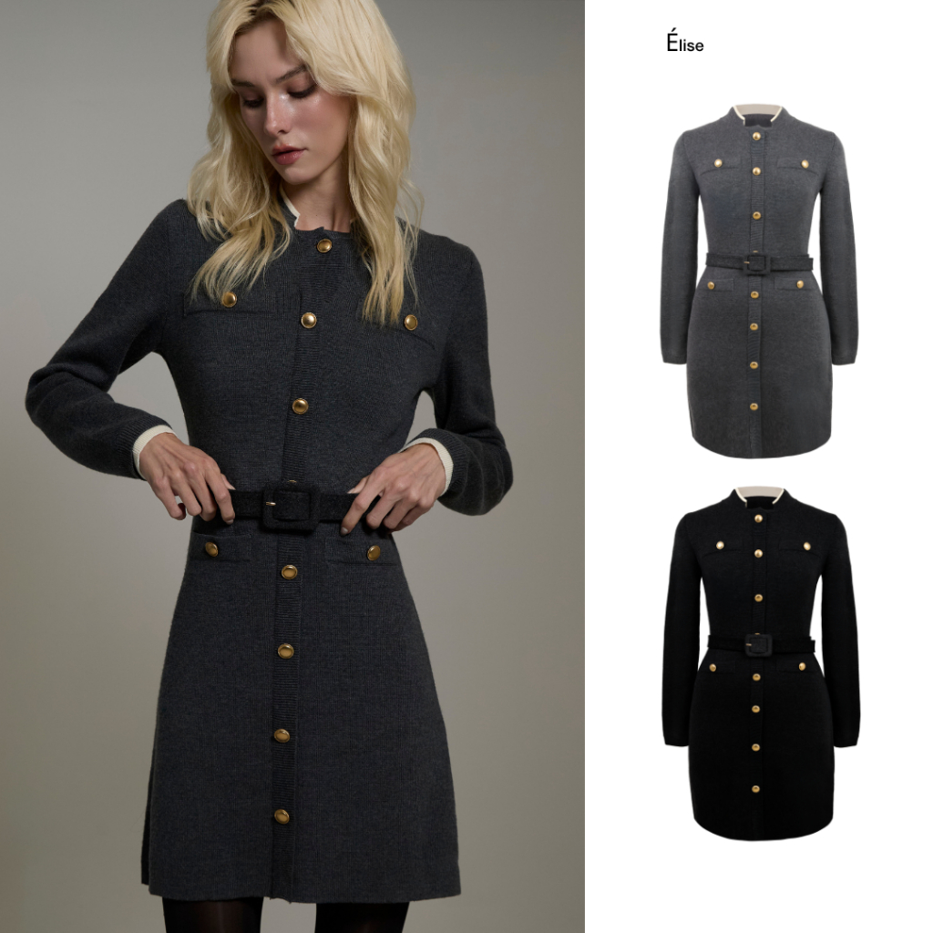 PETCHPLOY - Elise dress เดรสไหมพรมแขนยาว ดีเทลคอปกซ้อน 2 ชั้น มีเข็มขัดเข้าเซ็ตในตัว
