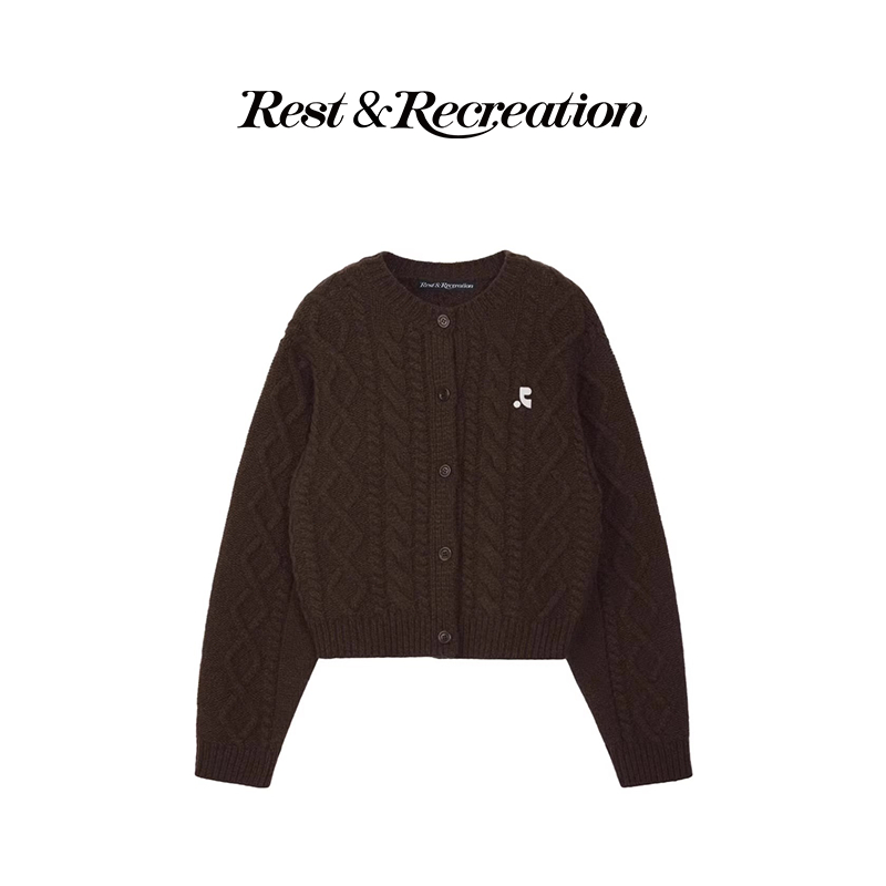 Rest and Recreation🇰🇷WOOL FISHERMAN KNIT CARDIGAN - BROWN เสื้อคาร์ดิแกนถักไหมพรมหนาปักลาย