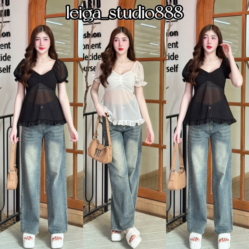 เสื้อ ผ้าซีฟอง แขนตุ๊กตา จับจีบแต่งโบว์หน้า สม็อคหลัง ชายระบาย  LG074
