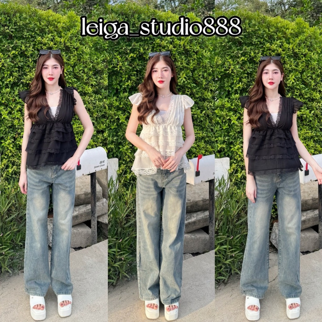 เสื้อแฟชั่น ผ้าชีฟอง สไตล์เวียดนาม แต่งสม๊อค ดีเทลผูกโบว์หลัง ระบายลูกไม้ชั้นๆ  ใส่แมท ใส่ออกงาน  สายคาเฟ่  LG072