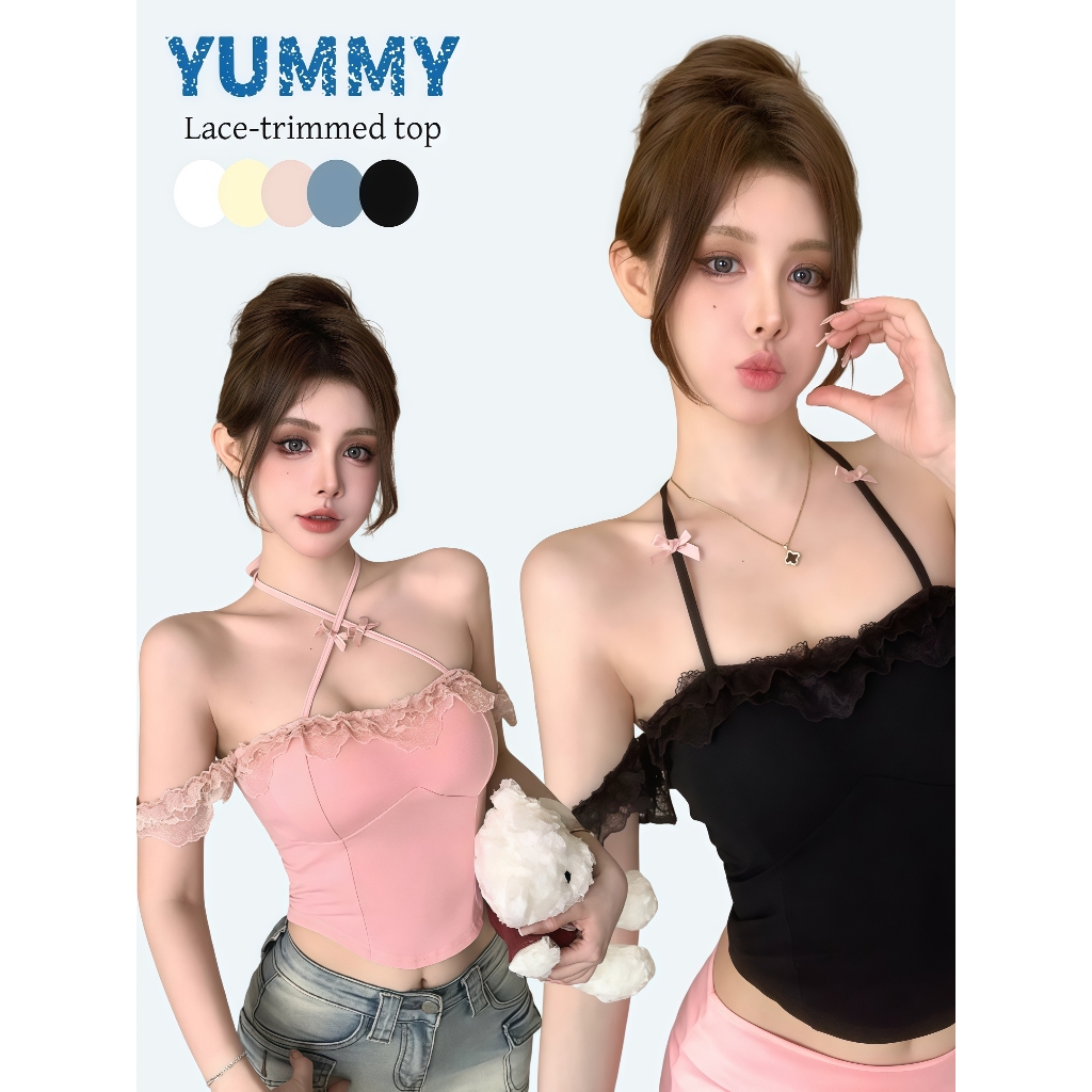 🎀Yummy Shop🎀㈩㈡ เสื้อสายเดี่ยวเสริมฟองน้ำ มีสายสองเส้น ขอบลูกไม้ ใส่ได้หลายสไตล์ เซ็กซี่เบาๆ เสื้อ’FYL265