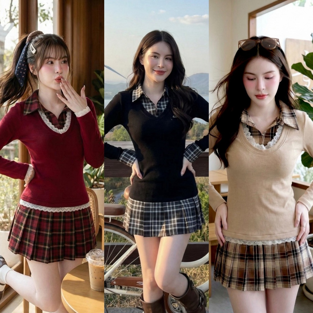 ❣️พร้อมส่ง📌 MILA SET เสื้อแขนยาว กับกระโปรงพลีทลายตาราง ซับในกางเกง ใส่เที่ยว ออกเดท สวย ละมุน