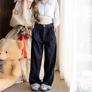 RIKA Cookie กางเกงยีนส์ขายาวเอวกลางแต่งลูกไม้