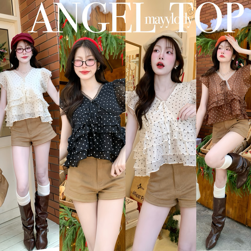 💓mayylody💓 ANGEL  TOP ครอปท็อป  ลายจุด เเต่งระบายลูกไม้ ระบายชั้นๆรอบตัว ลุคสวยแพงมากก 🌷🪞🌤️🍃 เสื้อครอป ครอป