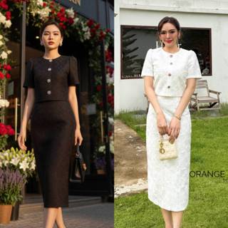 OR21891 ชุดขาว ชุดดำ ผ้าลูกไม้อัดกาว เสื้อแต่งกระดุมคริสตัล …