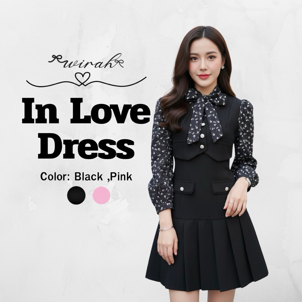 DW75 In Love Dress  ชุดเดรสแขนยาว เดรสทรงเอี๊ยมกระโปรงทรงเอ ปลายกระโปรงแต่งพลีส