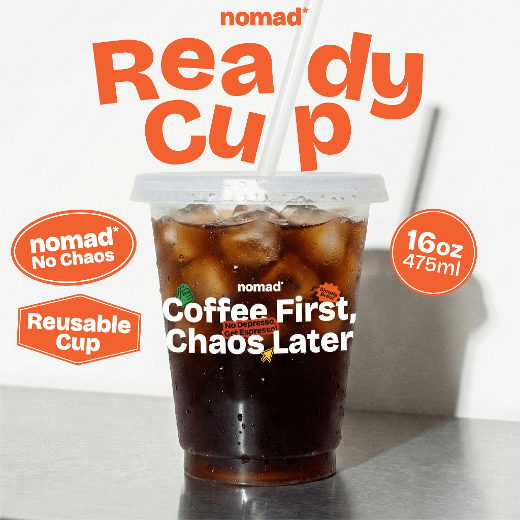 nomad* Reusable Glass 16oz แก้วกาแฟพกพา Coffee First Chaos Later แก้วมินิมอล พร้อมหลอดและฝาปิด