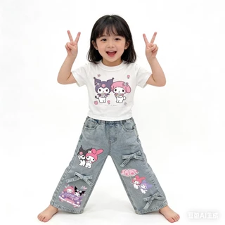 MC182 เซ็ตเสื้อยืด + กางเกงยีนส์ลายซานริโอ้ น่ารักเกินต้าน ชุดเด็กเซ็ต 2 ชิ้น ซานริโอ กางเกงยีนส์แต่งโบว์