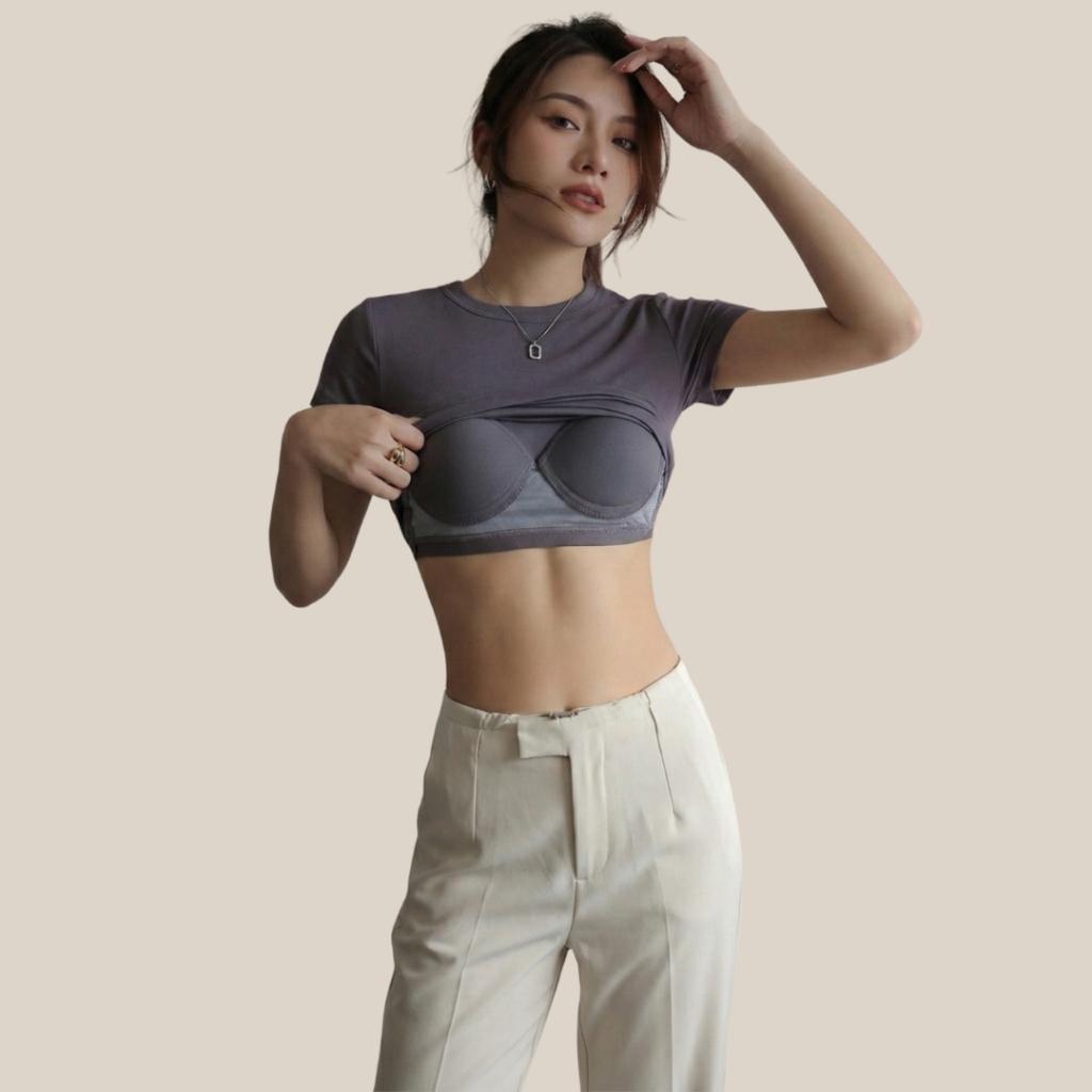 WsimpleBra | Ginny Crop Top เสื้อยืดทรงครอป คอกลมแขนสั้น มีบราในตัว เลิกใส่ชุดชั้นในและซิลิโคลปิดจุก - รูปที่ 7