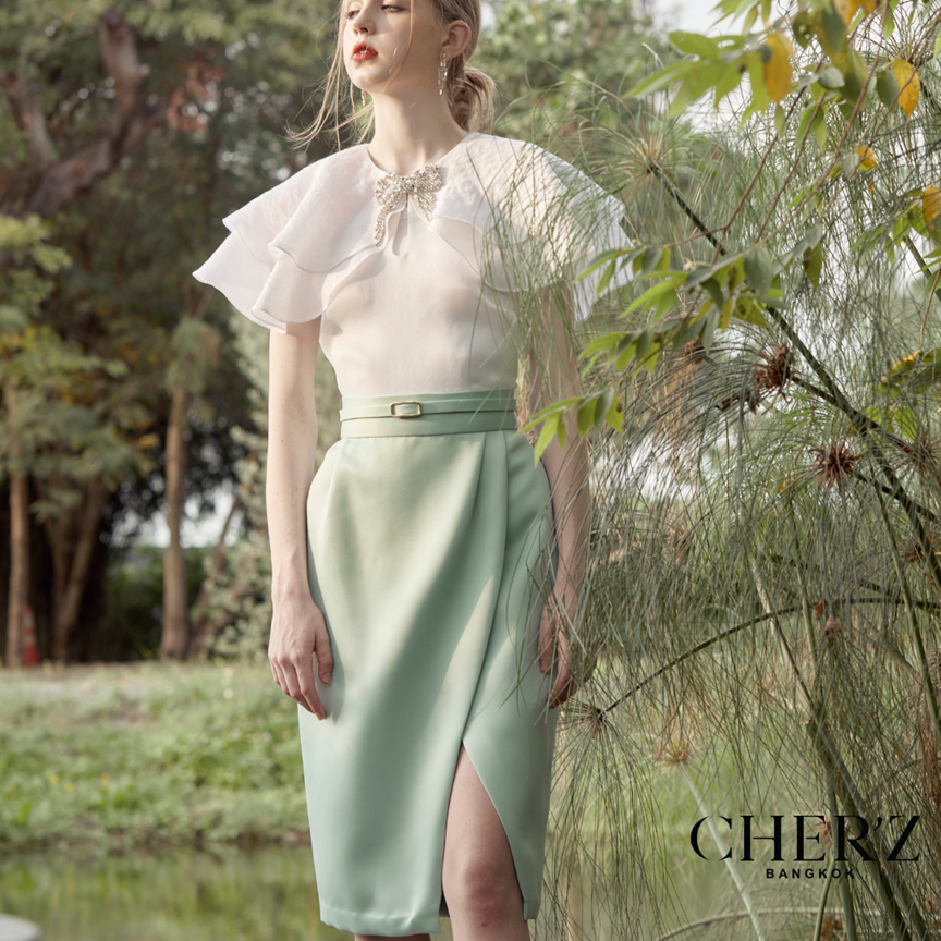 CHER'Z - FW2210 กระโปรงทรงทิวลิปมาพร้อมเข็มขัดอะไหล่ทอง