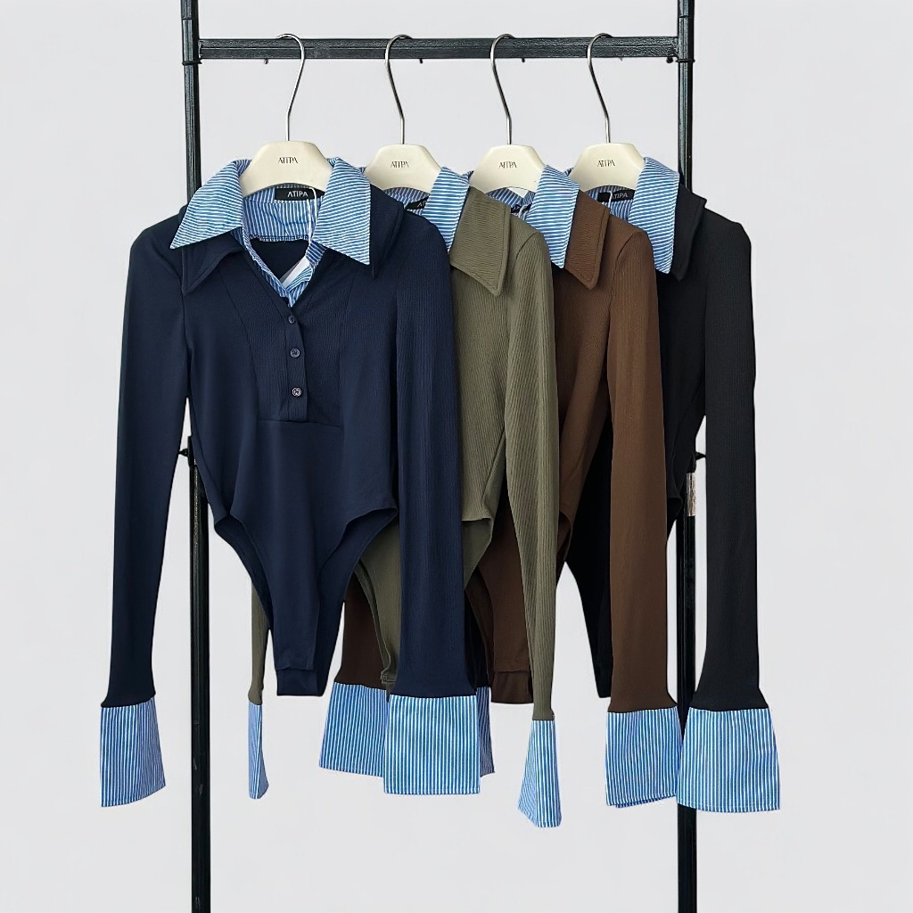 Atipashop - ARDENNE FORMAL BODYSUIT (#7313) บอดี้สูทแขนยาว คอปก สีทูโทน