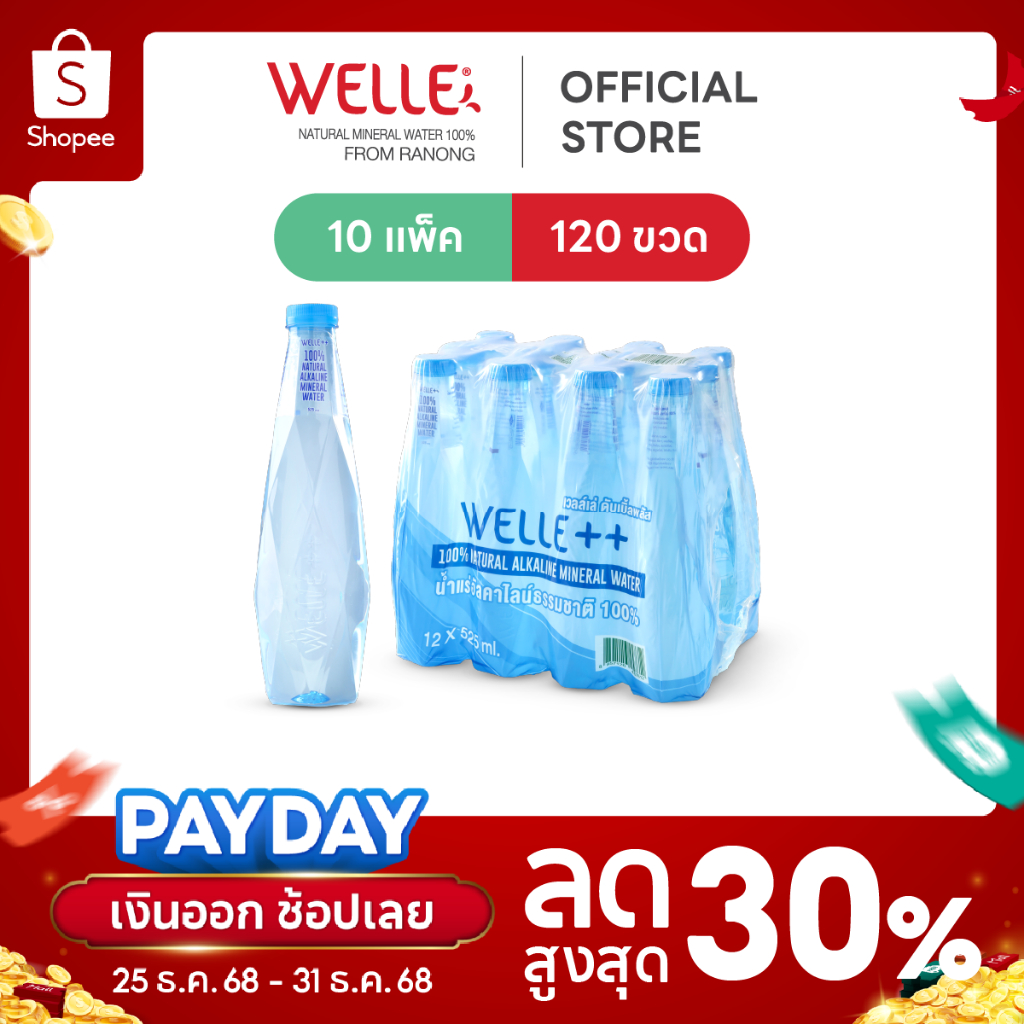New (120 ขวด) Welle Alkaline Mineral Water น้ำแร่เวลล์เล่ 525 มิลลิลิตร 10 แพค จากแหล่งน้ำแร่ระนอง