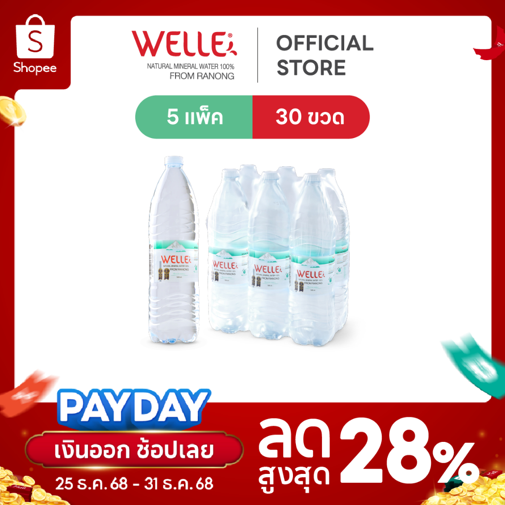 New (30 ขวด) Welle Mineral Water น้ำแร่เวลล์เล่ 1500 มิลลิลิตร 5 แพค จากแหล่งน้ำแร่ระนอง