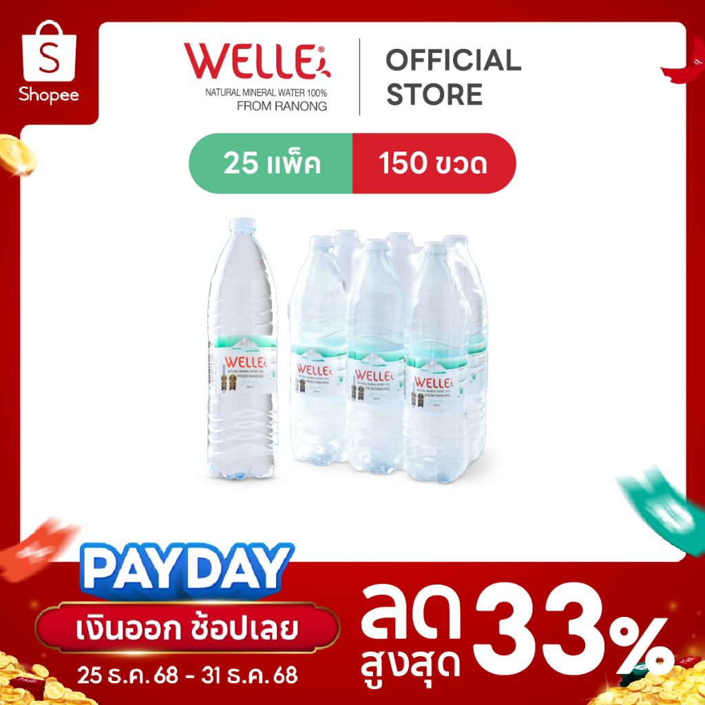 New (150ขวด) Welle Mineral Water น้ำแร่เวลล์เล่ 1500 มิลลิลิตร 25 แพค จากแหล่งน้ำแร่ระนอง