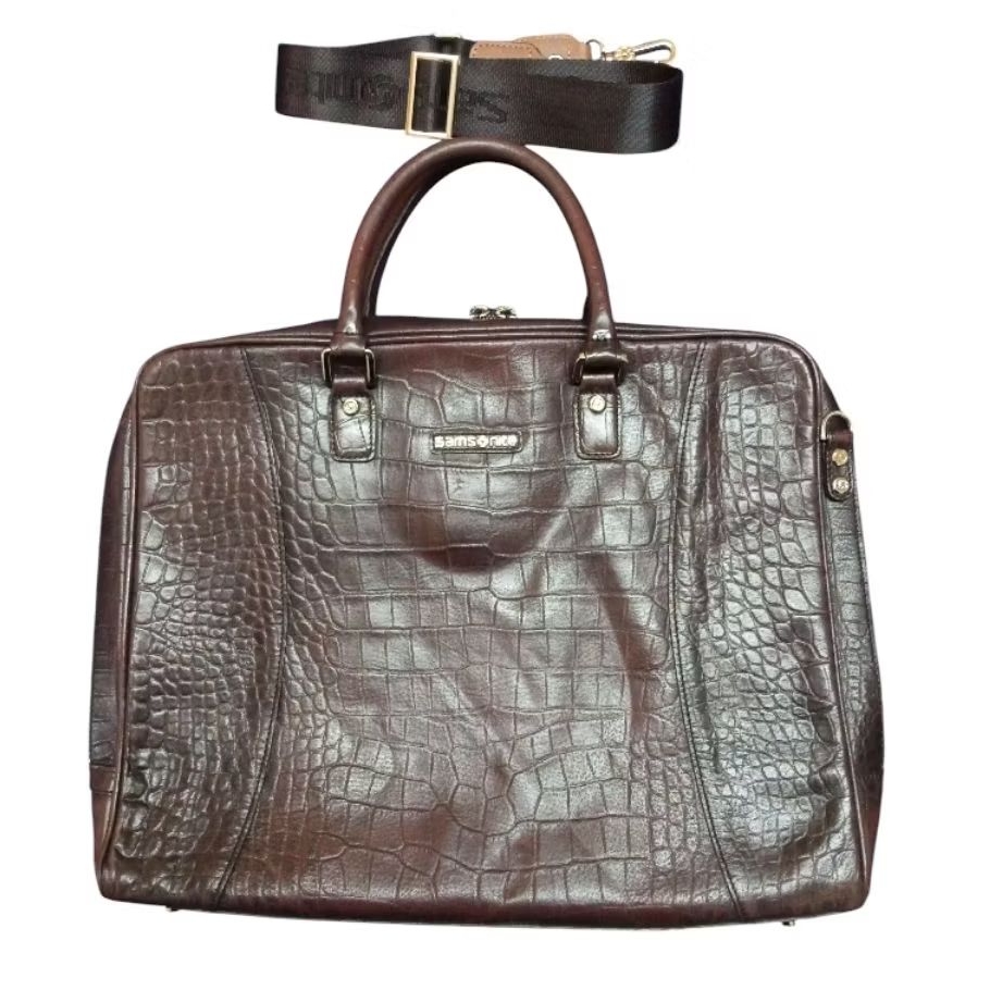 กระเป๋าเอกสารหนังแท้ปั้มลาย แบรนด์แท้ Samsonite สีน้ำตาลวินเทจ มือสอง งานตู้เกาหลี *อ่านรายละเอียด